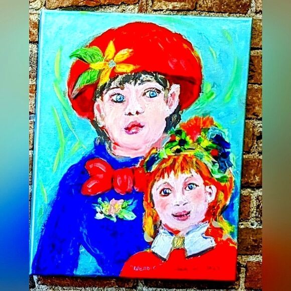 Wendy Gell painting Renoir inspired mother and daughter hats and jewelry.